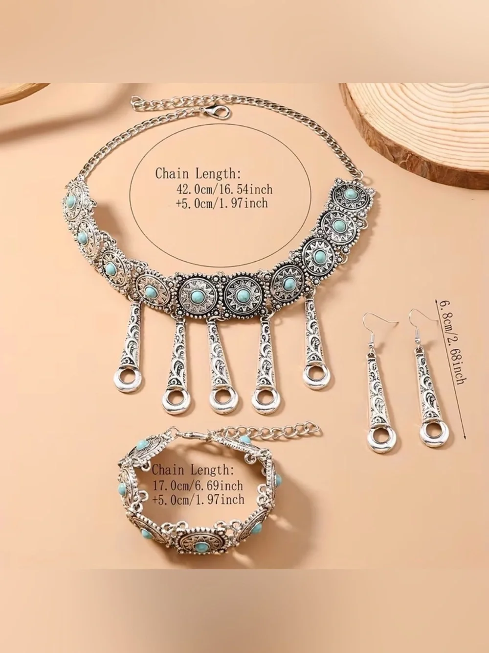 Western Set Turquoise Silver-Tone Boho Choker Necklace, Bracelet, & Earrings Set